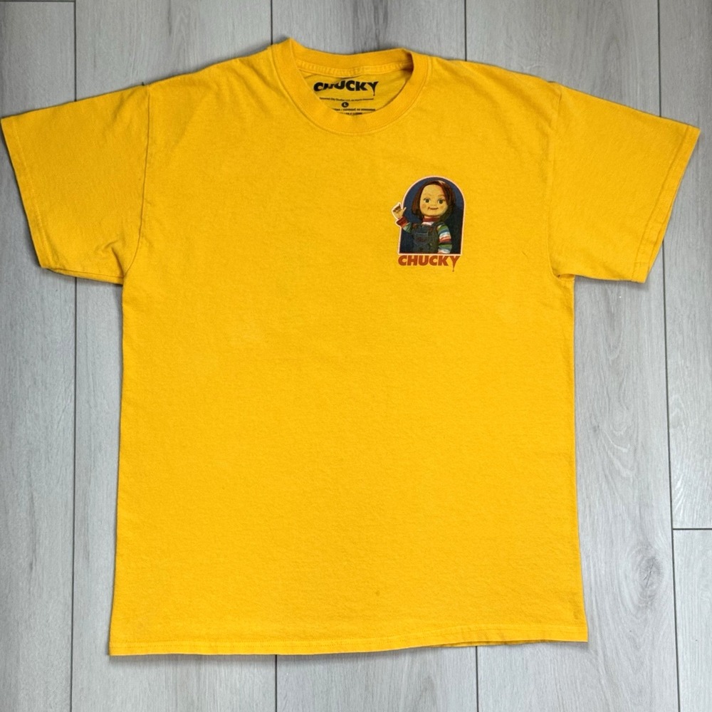 CHUCKY Good‎ Guys Yellow T-Shirt Size L Horror Movie Tee Spencers Graphic EUC